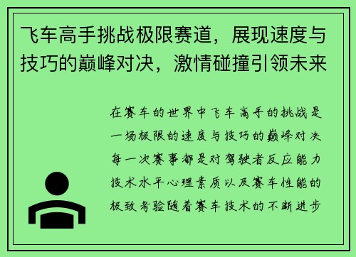 飞车高手挑战极限赛道，展现速度与技巧的巅峰对决，激情碰撞引领未来赛车新潮流